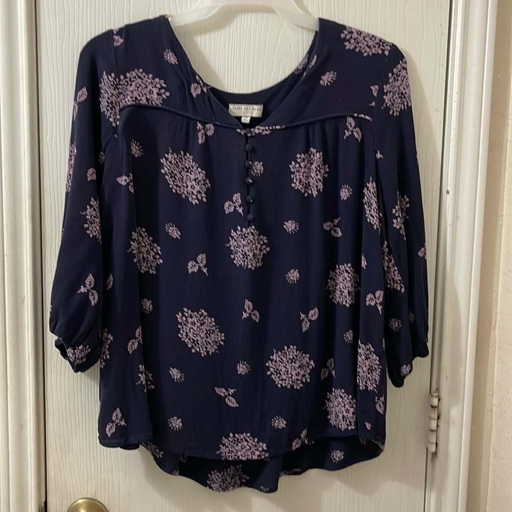 Skies Are Blue Navy Blouse with Lavender Floral Print